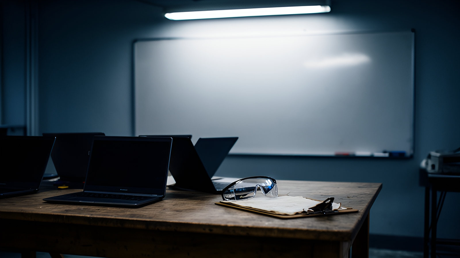 An empty training room with desks, laptops and protective goggles, suggesting a paused apprenticeship session.